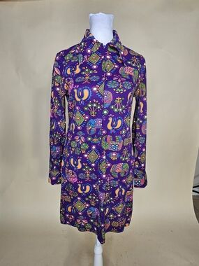 Vintage 1960s Purple Printed Long Sleeve Shirt Mini Dress